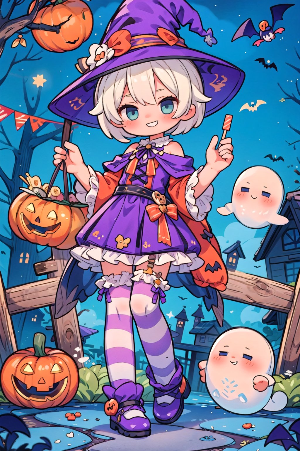 (masterpiece), halloween, night, scenery, 1girl, halloween striped thighhighs, witch hat, grin, (ghost), candy, cookie, string of flags,