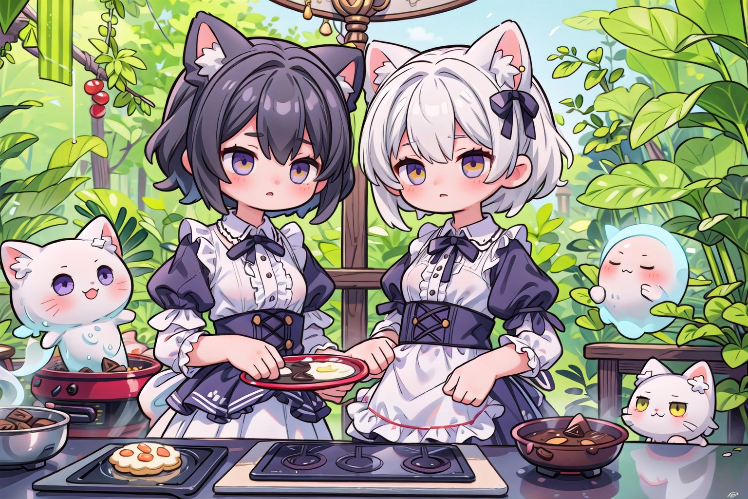 (masterpiece), 2girl, silver hair, black hair, medium hair, short hair, purple eyes, yellow eyes, medium breasts, white shirt, translucent, short black skirt, lace, frills, lace trims, frilled sleeves, frilled skirt, lolita fashion, maid, sweets, cookie, candy, swirl lollipop, chocolate, candy cane, (ghost with cat ears), (monster), slime, swamp, jungle, (cooking:1.3),