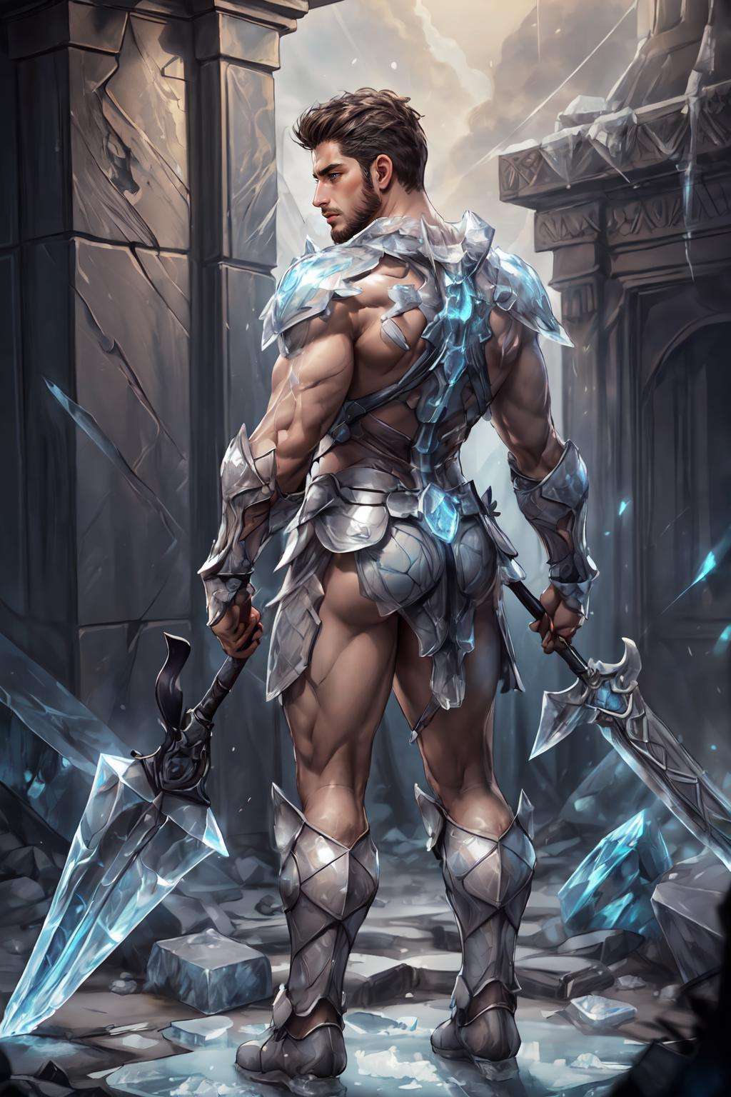 <lora:Clothing - Ice Armor:.5>,  ((ic34rmor, ice, ice barbarian armor, ice axe)),  (homoerotic), masterpiece, highly detailed face and skin, hyperrealistic, male only, bara, mature, stubble, muscular male, handsome, male focus, spot lights, volumetric lighting, dramatic lighting, bokeh,  (close-up shot), ((cinematic lighting, realistic, detailed background, clear texture, best background, depth of field,light particles,(Balance and coordination between all things),real light and shadow, perspective, composition, adventurous, energy, exploration, contrast, experimental, unique <lora:style_adddetail:.7><lora:style_breakrealize:0>,from back and from above, arms behind back, (detailed background, cinematic, detailed, atmospheric, epic, concept art, masterpiece, best quality, 8k, ultrarealsitc), realistic,