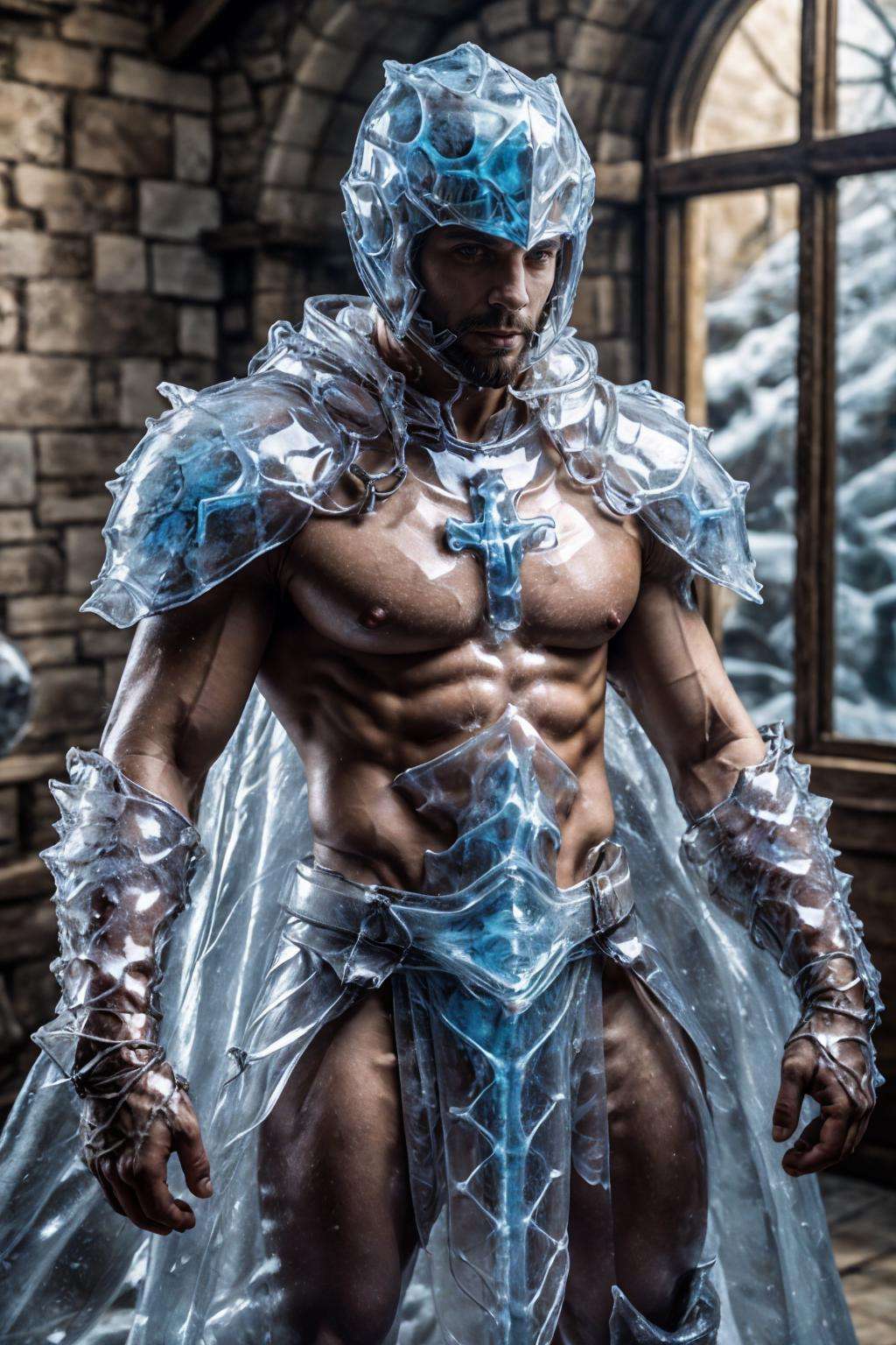 ic34rmor, wearing ice paladin armor, ((fighting stance)), holding ice shield, medieval fantasy city background, indoors, helmet, cape, cross,, realistic, masterpiece, intricate details, detailed background, depth of field, photo of a man,