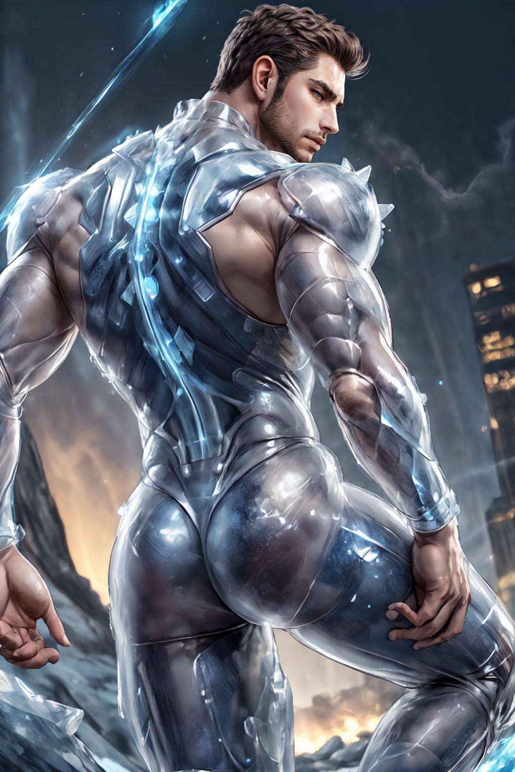<lora:Clothing - Ice Armor:.5>,  ((ic34rmor, ice, ice bodysuit)),  (homoerotic), masterpiece, highly detailed face and skin, hyperrealistic, male only, bara, mature, stubble, muscular male, handsome, male focus, spot lights, volumetric lighting, dramatic lighting, bokeh,  (close-up shot), ((cinematic lighting, realistic, detailed background, clear texture, best background, depth of field,light particles,(Balance and coordination between all things),real light and shadow, perspective, composition, adventurous, energy, exploration, contrast, experimental, unique <lora:style_adddetail:.7><lora:style_breakrealize:1>,from back and from below, running, (detailed background, cinematic, detailed, atmospheric, epic, concept art, masterpiece, best quality, 8k, ultrarealsitc), realistic,