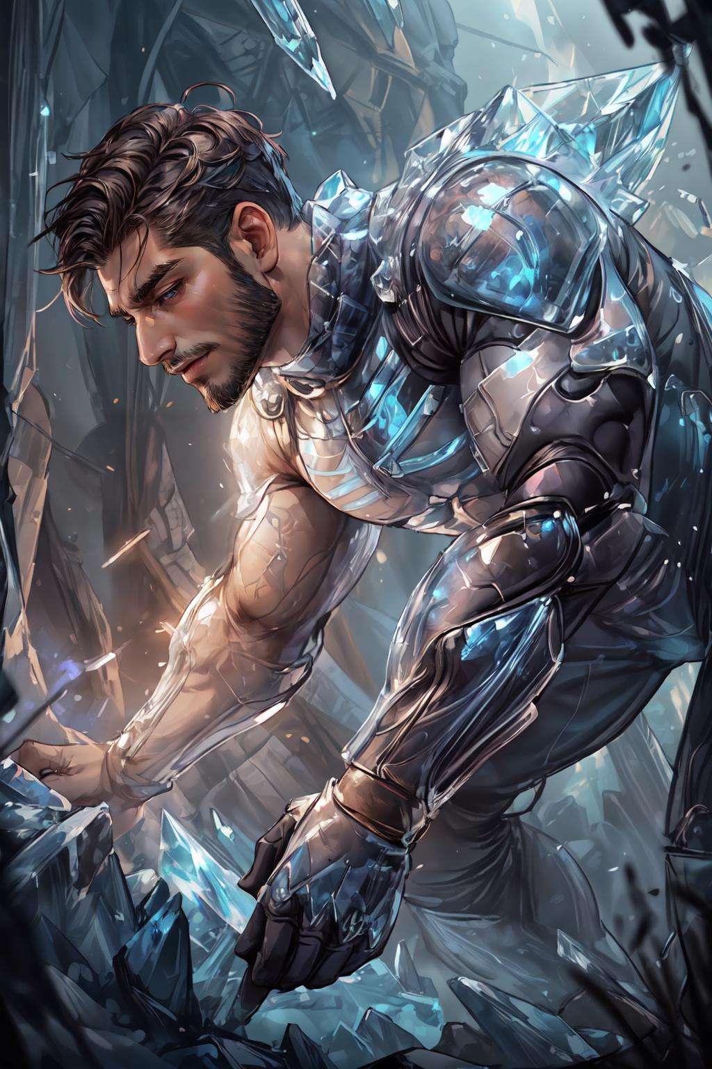 <lora:Clothing - Ice Armor:.5>,  ((ic34rmor, ice, ice bodysuit)),  (homoerotic), masterpiece, highly detailed face and skin, hyperrealistic, male only, bara, mature, stubble, muscular male, handsome, male focus, spot lights, volumetric lighting, dramatic lighting, bokeh,  (close-up shot), ((cinematic lighting, realistic, detailed background, clear texture, best background, depth of field,light particles,(Balance and coordination between all things),real light and shadow, perspective, composition, adventurous, energy, exploration, contrast, experimental, unique <lora:style_adddetail:.7><lora:style_breakrealize:-1>,from below, reach out, (detailed background, cinematic, detailed, atmospheric, epic, concept art, masterpiece, best quality, 8k, ultrarealsitc), realistic,