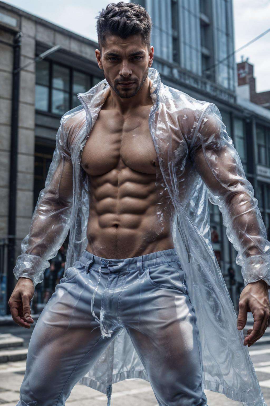 ic34rmor, wearing ice coat, see-through, dynamic pose, ((fighting stance)), fantasy city background, outdoors, (face portrait), (extreme close up:1.2), street, shirt, pants, realistic, masterpiece, intricate details, detailed background, depth of field, photo of a man,