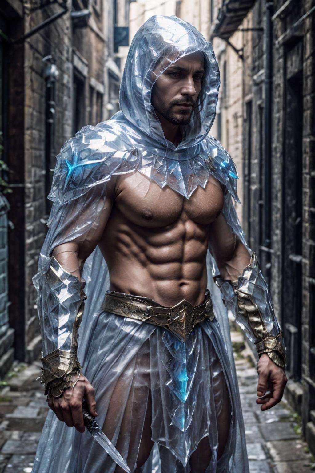 ic34rmor, wearing ice paladin armor, see-through, ((fighting stance)), medieval fantasy city background, street, alley, holding dagger, cloak, hood, from side, (face portrait), (extreme close up:1.4), realistic, masterpiece, intricate details, detailed background, depth of field, photo of a man,