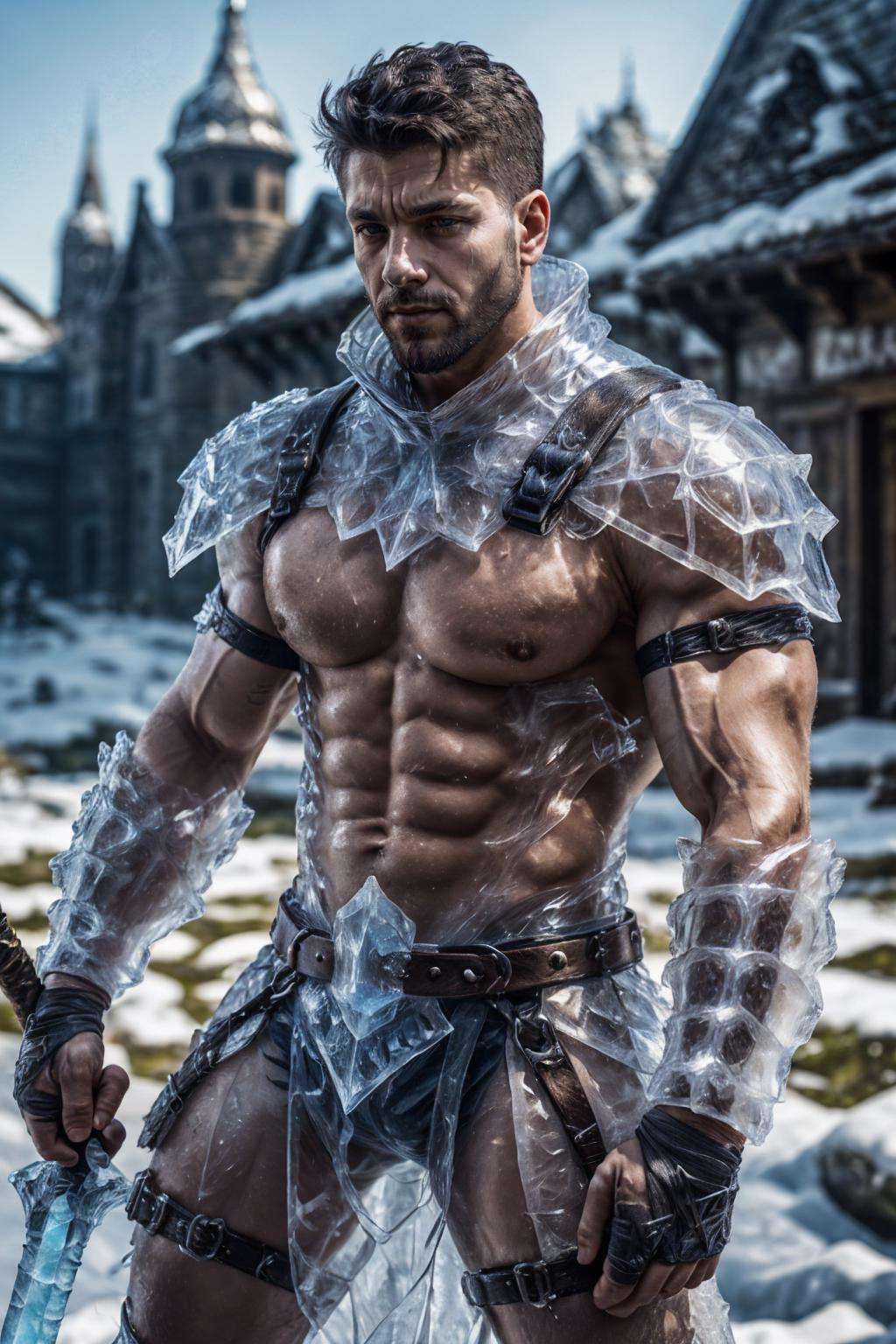 ic34rmor, wearing ice barbarian armor, see-through, ((fighting stance)), medieval fantasy city background, outdoors, holding weapon, (face portrait), (extreme close up:1.4), harness, realistic, masterpiece, intricate details, detailed background, depth of field, photo of a man,