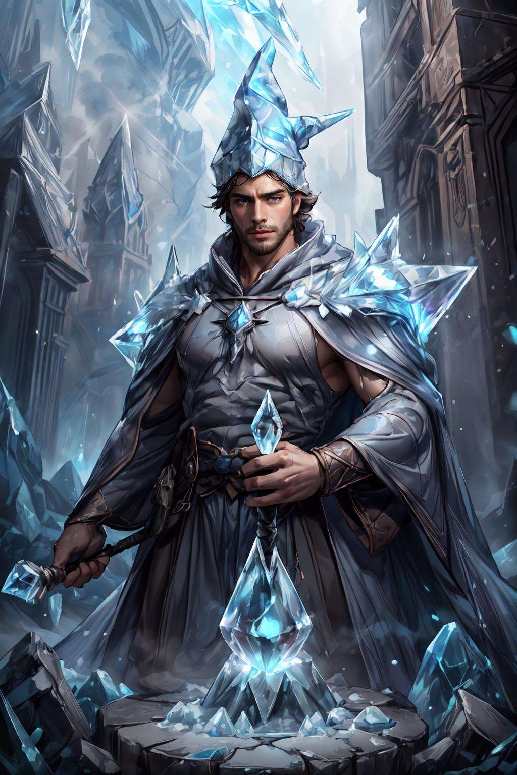 <lora:Clothing - Ice Armor:.5>,  ((ic34rmor, ice, ice wizard robe, ice wizard robe, holding staff, wizard hat)),  (homoerotic), masterpiece, highly detailed face and skin, hyperrealistic, male only, bara, mature, stubble, muscular male, handsome, male focus, spot lights, volumetric lighting, dramatic lighting, bokeh,  (close-up shot), ((cinematic lighting, realistic, detailed background, clear texture, best background, depth of field,light particles,(Balance and coordination between all things),real light and shadow, perspective, composition, adventurous, energy, exploration, contrast, experimental, unique <lora:style_adddetail:.7><lora:style_breakrealize:-1>,from below and pov, spread arms, (detailed background, cinematic, detailed, atmospheric, epic, concept art, masterpiece, best quality, 8k, ultrarealsitc), realistic,