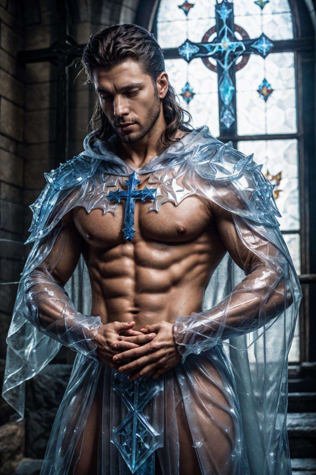 ic34rmor, wearing ice priest robe, see-through, dynamic pose, ((fighting stance)), medieval fantasy church background, indoors, (face portrait), (extreme close up:1.2), cross, hands raised, praying, realistic, masterpiece, intricate details, detailed background, depth of field, photo of a man,