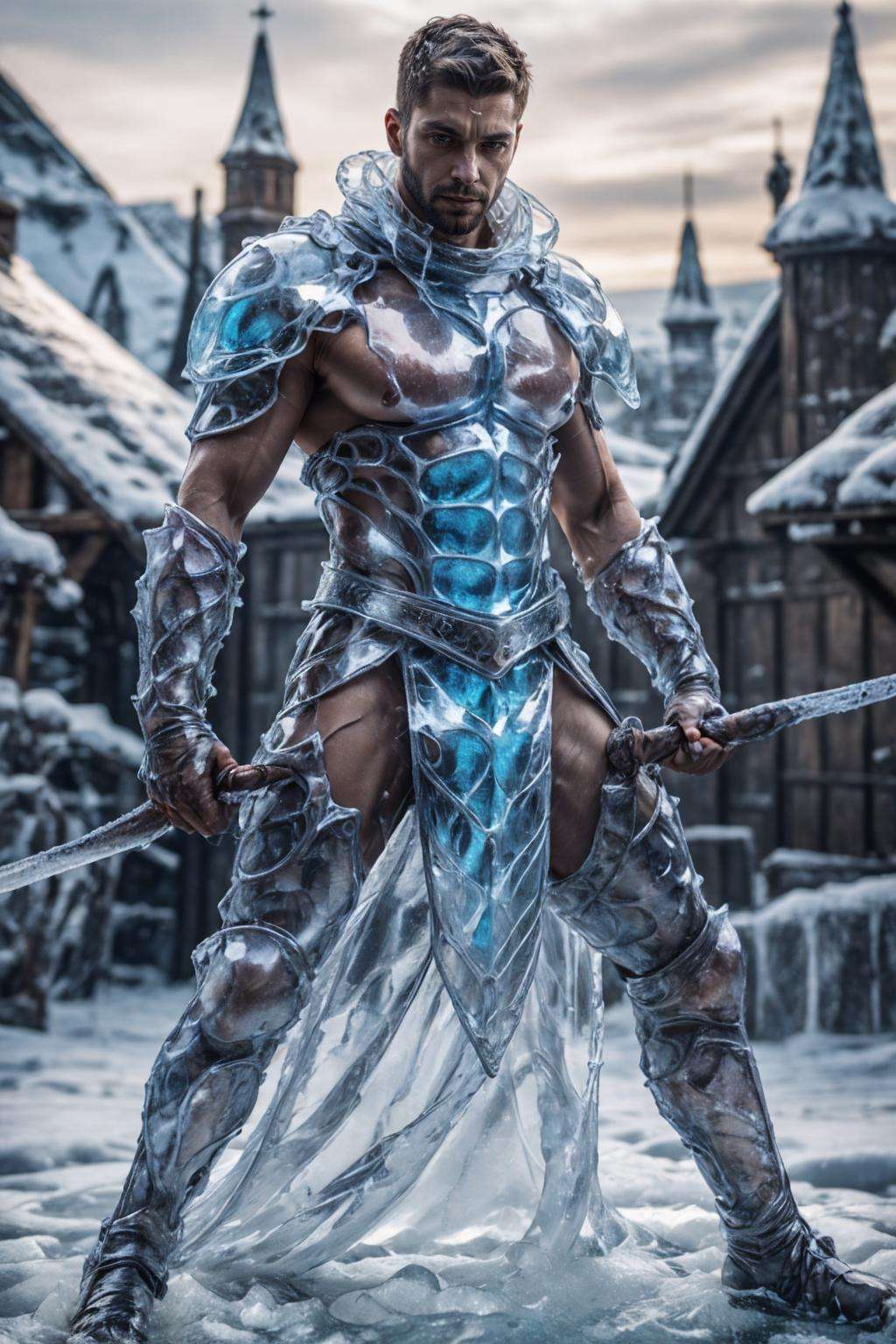 ic34rmor, wearing ice knight armor, dynamic pose, fighting stance, holding ice sword, medieval fantasy city background, full armor, realistic, masterpiece, intricate details, detailed background, depth of field, photo of a man,