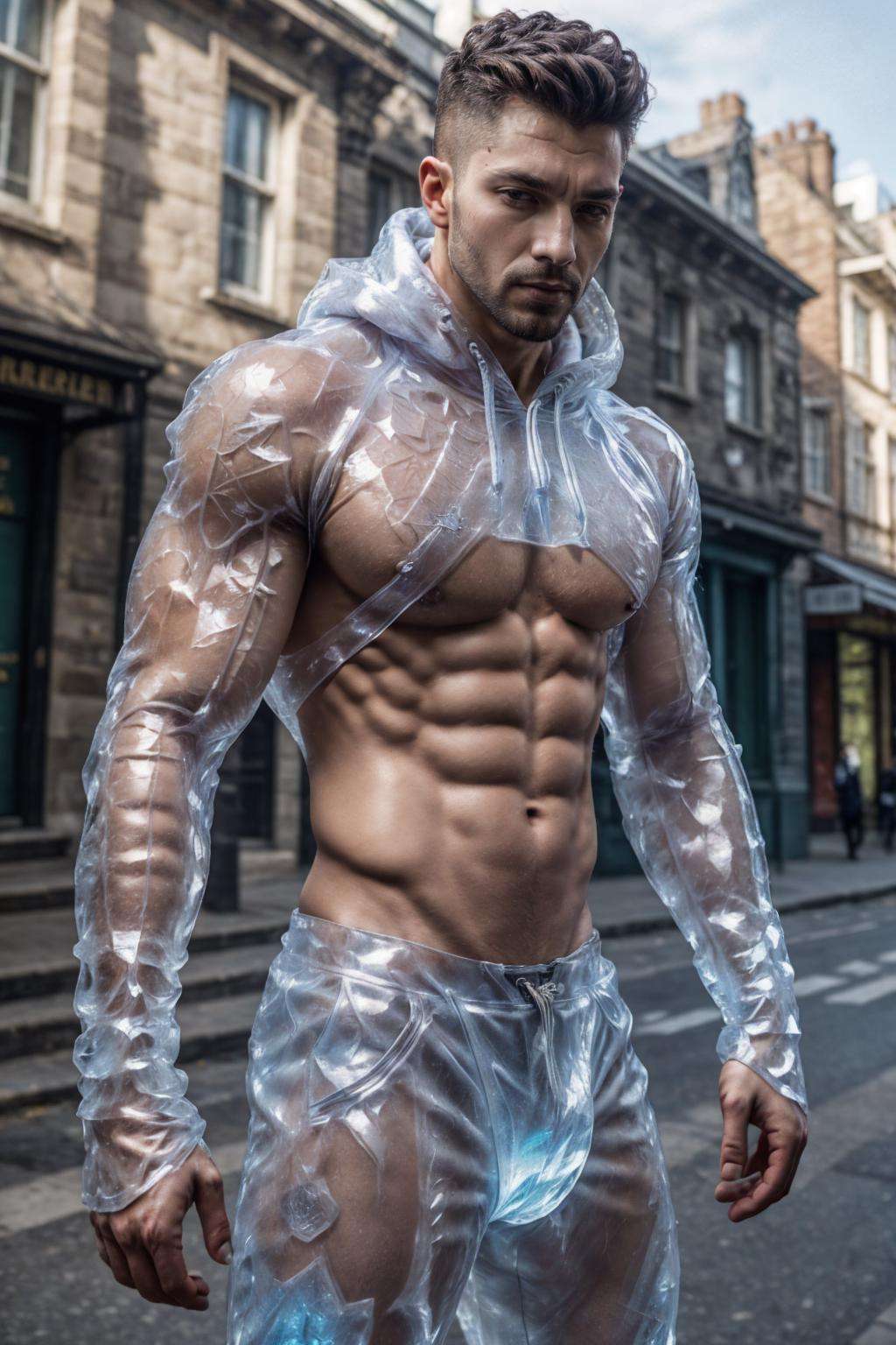 ic34rmor, wearing ice hoodie, see-through, dynamic pose, ((fighting stance)), fantasy city background, outdoors, (face portrait), (extreme close up:1.2), street, pants, realistic, masterpiece, intricate details, detailed background, depth of field, photo of a man,