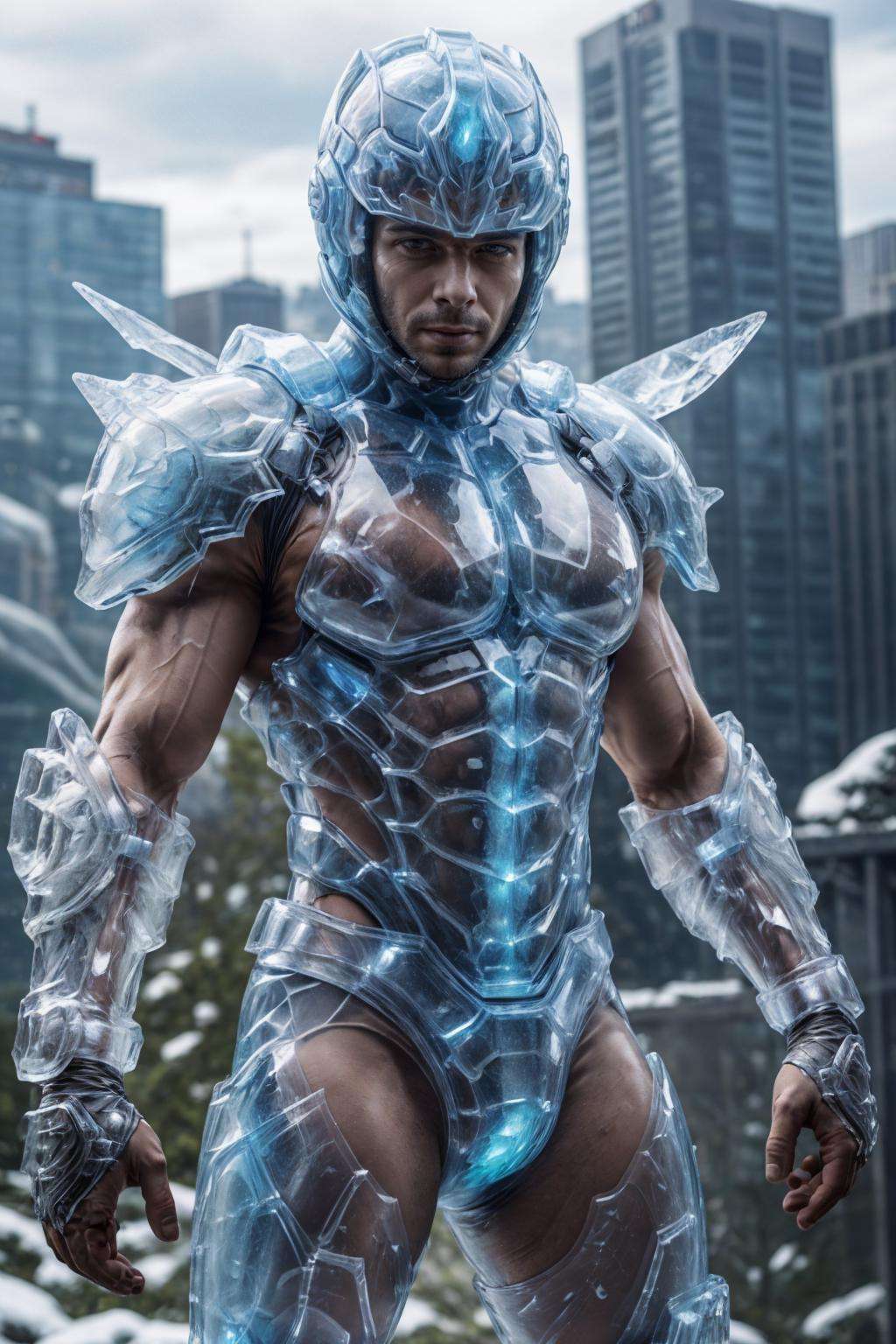 ic34rmor, wearing ice power armor, see-through, dynamic pose, ((fighting stance)), fantasy city background, outdoors, (face portrait), (extreme close up:1.2), helmet,, realistic, masterpiece, intricate details, detailed background, depth of field, photo of a man,