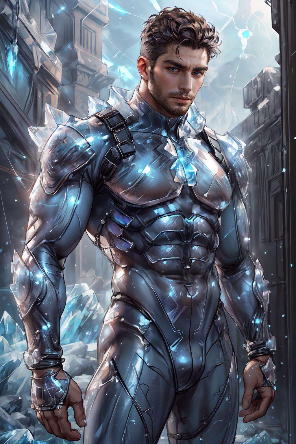 <lora:Clothing - Ice Armor:.5>,  ((ic34rmor, ice, ice bodysuit)),  (homoerotic), masterpiece, highly detailed face and skin, hyperrealistic, male only, bara, mature, stubble, muscular male, handsome, male focus, spot lights, volumetric lighting, dramatic lighting, bokeh,  (close-up shot), ((cinematic lighting, realistic, detailed background, clear texture, best background, depth of field,light particles,(Balance and coordination between all things),real light and shadow, perspective, composition, adventurous, energy, exploration, contrast, experimental, unique <lora:style_adddetail:.7><lora:style_breakrealize:-1>,from front, leaning, (detailed background, cinematic, detailed, atmospheric, epic, concept art, masterpiece, best quality, 8k, ultrarealsitc), realistic,