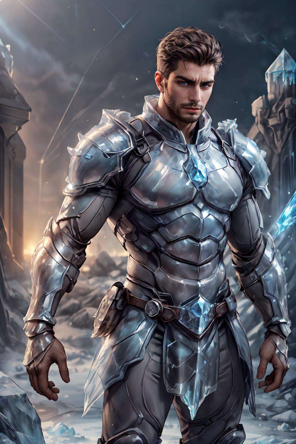 <lora:Clothing - Ice Armor:.5>,  ((ic34rmor, ice, ice warrior armor)),  (homoerotic), masterpiece, highly detailed face and skin, hyperrealistic, male only, bara, mature, stubble, muscular male, handsome, male focus, spot lights, volumetric lighting, dramatic lighting, bokeh,  (close-up shot), ((cinematic lighting, realistic, detailed background, clear texture, best background, depth of field,light particles,(Balance and coordination between all things),real light and shadow, perspective, composition, adventurous, energy, exploration, contrast, experimental, unique <lora:style_adddetail:.7><lora:style_breakrealize:0>,from above, bound, (detailed background, cinematic, detailed, atmospheric, epic, concept art, masterpiece, best quality, 8k, ultrarealsitc), realistic,