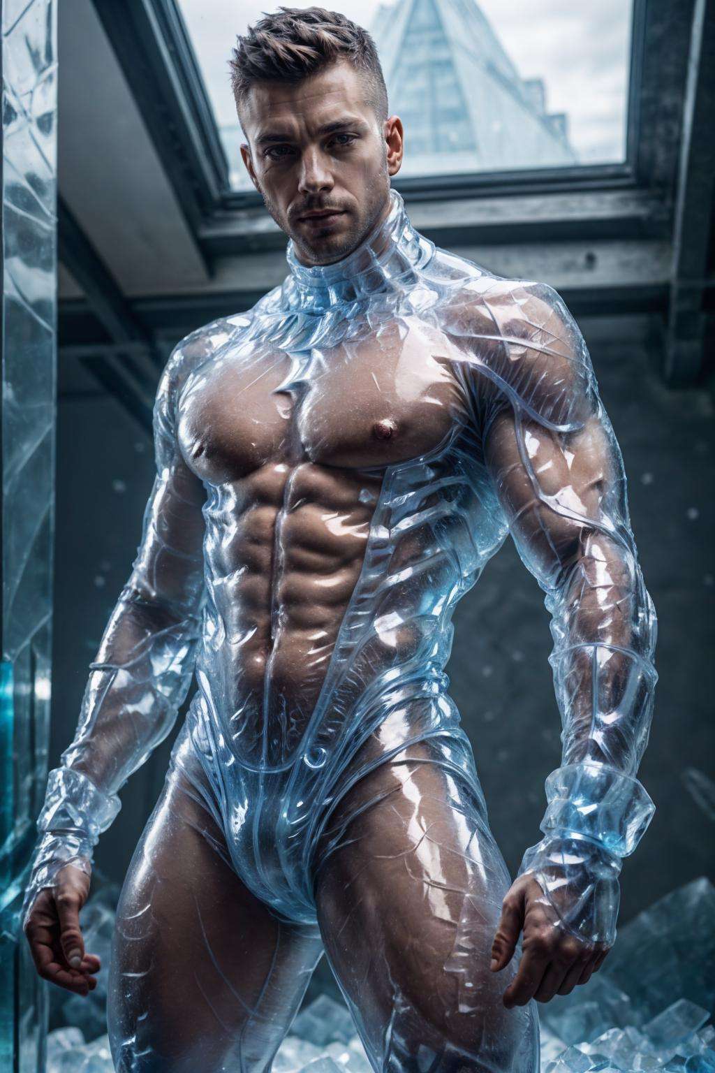 ic34rmor, wearing ice bodysuit, see-through, dynamic pose, ((fighting stance)), fantasy city background, indoors, (face portrait), (extreme close up:1.2),, realistic, masterpiece, intricate details, detailed background, depth of field, photo of a man,