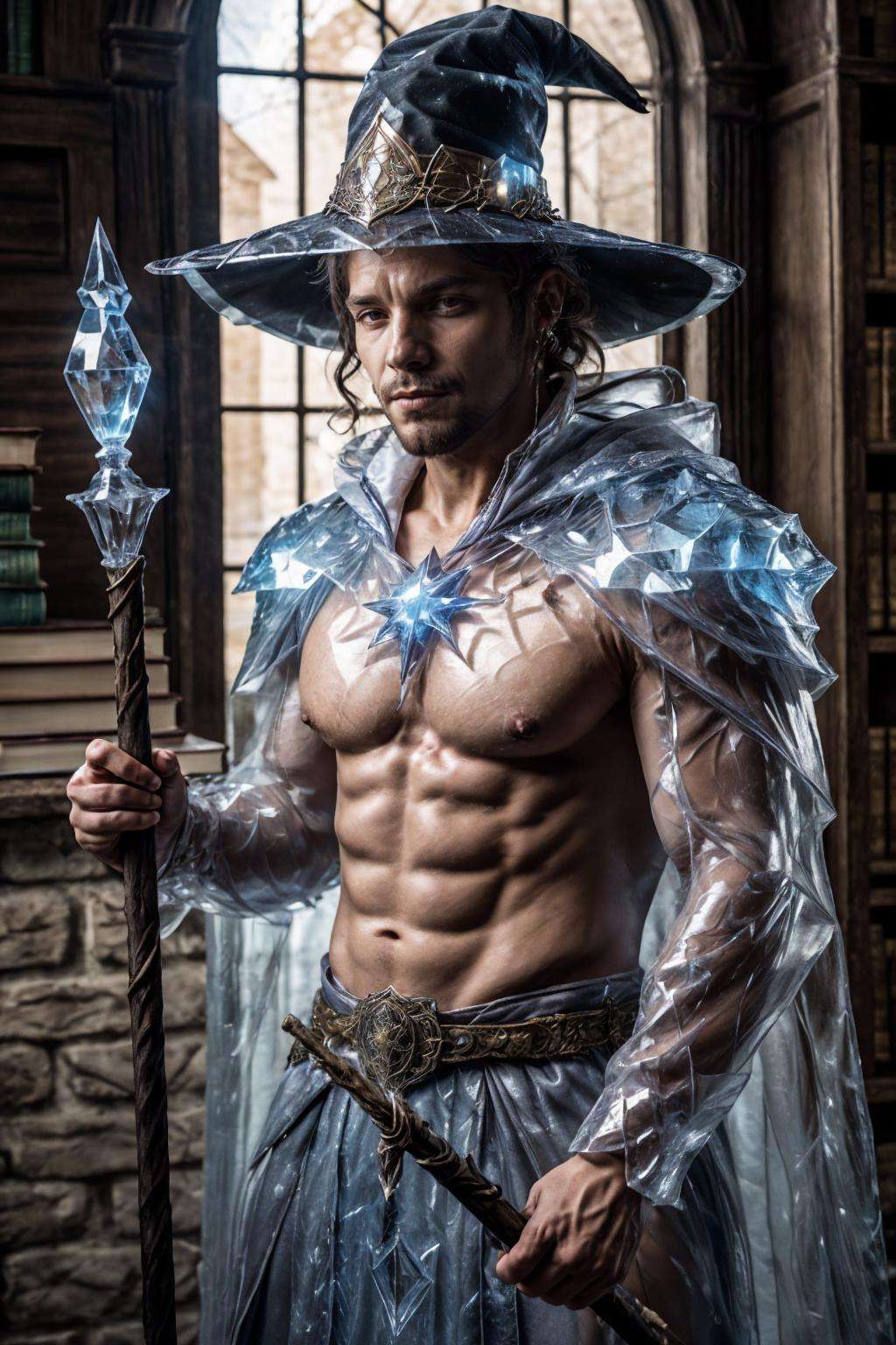 ic34rmor, wearing ice wizard robe, see-through, ((fighting stance)), medieval fantasy library background, indoors, holding staff, (face portrait), (extreme close up:1.2), witch hat, realistic, masterpiece, intricate details, detailed background, depth of field, photo of a man,