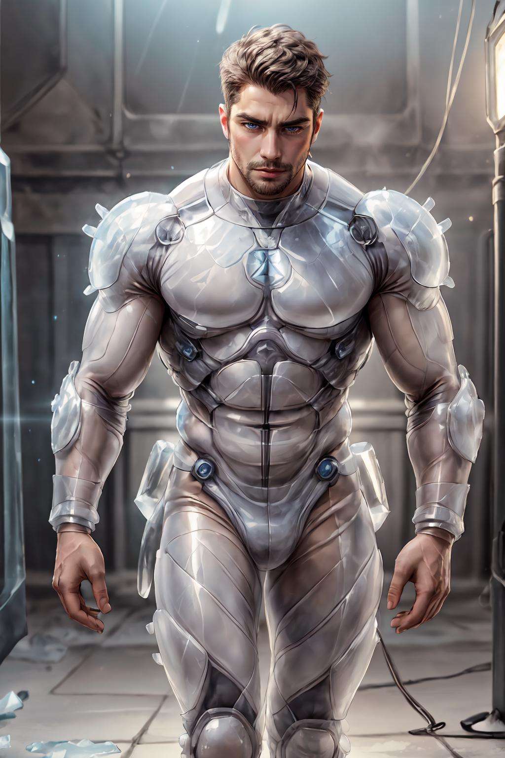 <lora:Clothing - Ice Armor:.5>,  ((ic34rmor, ice, ice exosuit)),  (homoerotic), masterpiece, highly detailed face and skin, hyperrealistic, male only, bara, mature, stubble, muscular male, handsome, male focus, spot lights, volumetric lighting, dramatic lighting, bokeh,  (close-up shot), ((cinematic lighting, realistic, detailed background, clear texture, best background, depth of field,light particles,(Balance and coordination between all things),real light and shadow, perspective, composition, adventurous, energy, exploration, contrast, experimental, unique <lora:style_adddetail:.7><lora:style_breakrealize:1>,pov, running, (detailed background, cinematic, detailed, atmospheric, epic, concept art, masterpiece, best quality, 8k, ultrarealsitc), realistic,