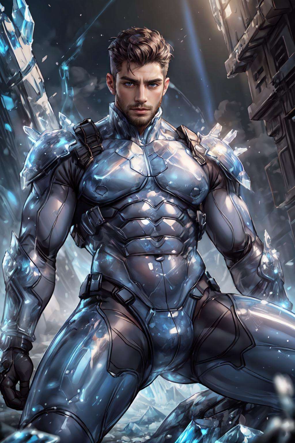 <lora:Clothing - Ice Armor:.5>,  ((ic34rmor, ice, ice bodysuit)),  (homoerotic), masterpiece, highly detailed face and skin, hyperrealistic, male only, bara, mature, stubble, muscular male, handsome, male focus, spot lights, volumetric lighting, dramatic lighting, bokeh,  (close-up shot), ((cinematic lighting, realistic, detailed background, clear texture, best background, depth of field,light particles,(Balance and coordination between all things),real light and shadow, perspective, composition, adventurous, energy, exploration, contrast, experimental, unique <lora:style_adddetail:.7><lora:style_breakrealize:-1>,from below and pov, spread legs, (detailed background, cinematic, detailed, atmospheric, epic, concept art, masterpiece, best quality, 8k, ultrarealsitc), realistic,