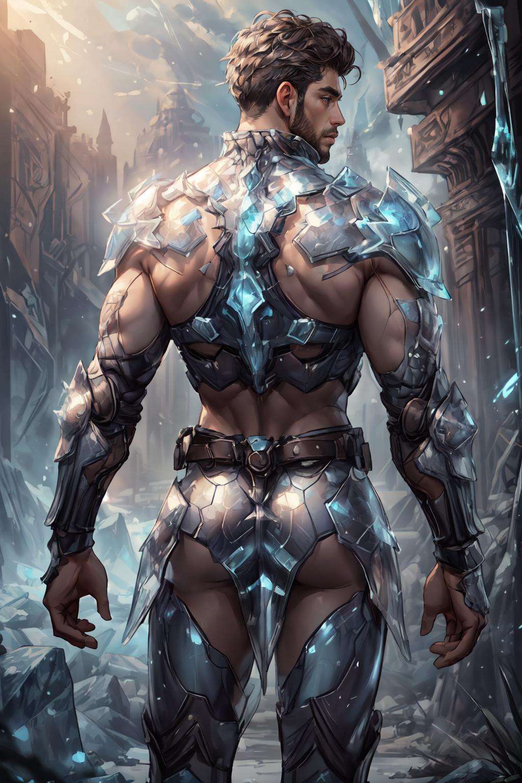 <lora:Clothing - Ice Armor:.5>,  ((ic34rmor, ice, ice warrior armor)),  (homoerotic), masterpiece, highly detailed face and skin, hyperrealistic, male only, bara, mature, stubble, muscular male, handsome, male focus, spot lights, volumetric lighting, dramatic lighting, bokeh,  (close-up shot), ((cinematic lighting, realistic, detailed background, clear texture, best background, depth of field,light particles,(Balance and coordination between all things),real light and shadow, perspective, composition, adventurous, energy, exploration, contrast, experimental, unique <lora:style_adddetail:.7><lora:style_breakrealize:-1>,from front, arms behind back, (detailed background, cinematic, detailed, atmospheric, epic, concept art, masterpiece, best quality, 8k, ultrarealsitc), realistic,