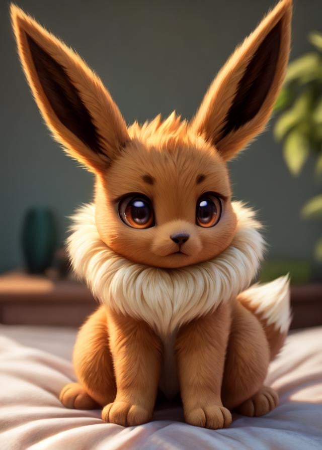 feral eevee sitting on bed,BREAK,(masterpiece, best quality, ultra realistic, 4k, 2k, (intricate:1.1), (high detail:1.4), film photography, (soft focus:1.1),RAW photo, photorealistic, analog style, subsurface scattering, photorealism, absurd res)