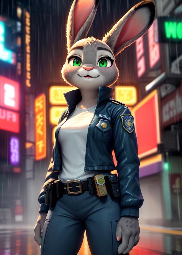 uploaded on e621, (by Whooo-Ya, by Sskomu \(artist\), by Kakure Eria),solo female (((rabbit Judy Hopps) grey body, wet fur, clear green eyes)),(wear police uniform, jacket, pants, belt:1.3), (small breasts),((detailed fluffy fur)), (looking at viewer, three-quarter portrait, three-quarter view),BREAK,((standing at city street on sunset raining day)), (rain, fog, mist, cyberpunk, neon light),(detailed background, depth of field, half body shadow, sunlight, ambient light on the body),(masterpiece, best quality, ultra realistic, 4k, 2k, (high detail:1.3),(3d \(artwork\):1.2), blender \(software\), (soft focus:1.2), ray tracing, (unreal engine:1.3), absurd res)