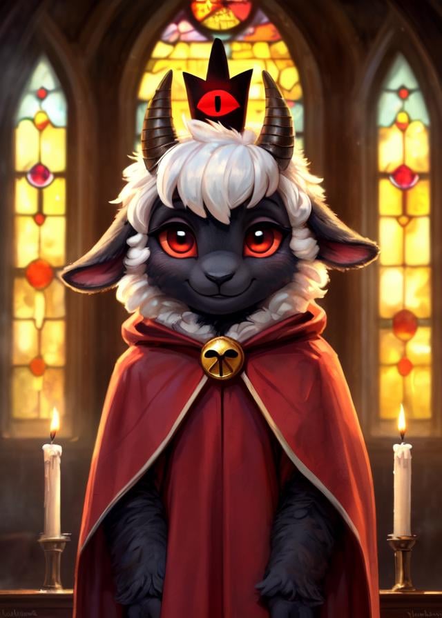 uploaded on e621, ((by Yurusa, by Childe Hassam, by Kenket, by Kyoto Animation)),solo (chibi:1.15) ((sheep (lamb \(cult of the lamb\)), black body and white fur, white hair, horn, clear red sclera)),(wear red crown, red cloak, grey black gown:1.25), (flat chested, smile), ((detailed fluffy fur)),(half-length portrait, looking at viewer, three-quarter view:1.3),BREAK,(standing at church with stained glass:1.25), (outside, fog, mist, candle:1.2),(detailed background, depth of field, half body shadow, sunlight, ambient light on the body),(intricate:0.7), (high detail:1.2), (unreal engine:1.3), (soft focus:1.1),[explicit content, questionable content], (masterpiece, best quality, 4k, 2k, shaded, absurd res)