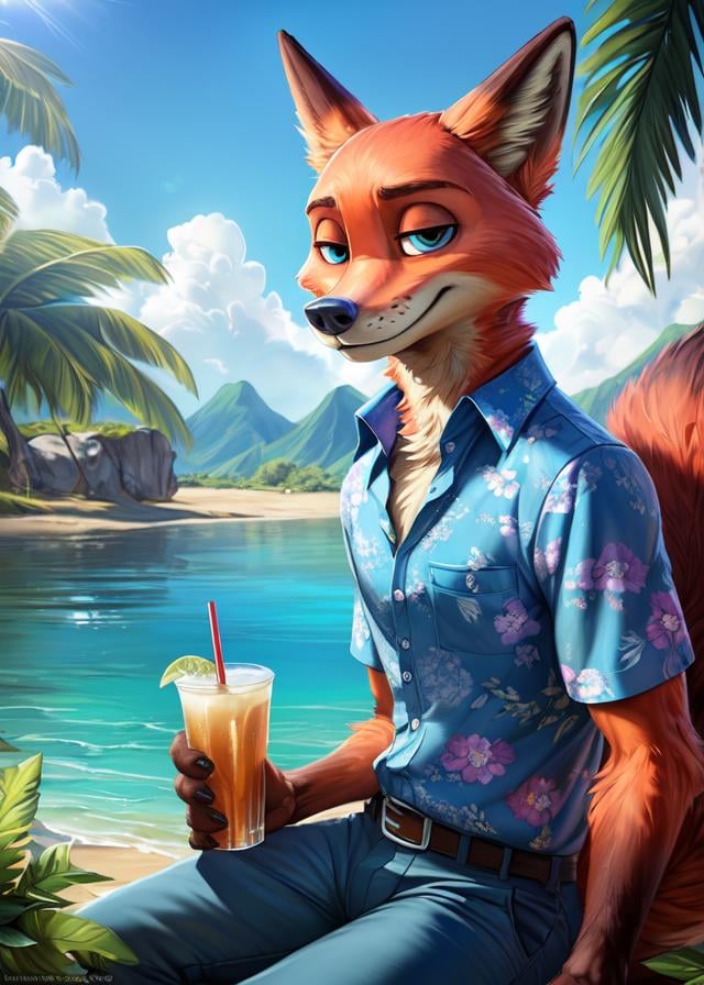 uploaded on e621, (by Homogenousrule, by Wildering, by Foxovh, by Catcouch),solo (((nick wilde), neck tuft, fluffy tail, blue eyes)),((hree-quarter portrait)), ((wear blue hawaii floral shirt with grey blue pants)),BREAK((sitting at island with plant and water on sunny day, white boat, beverage)),(detailed background, depth of field, half body shadow, sunlight, ambient light on the body),(intricate:0.7), (high detail:1.3), (unreal engine:1.3), (sharp focus:1.15),[explicit content, questionable content], (masterpiece, best quality, 4k, 2k, shaded, absurd res)
