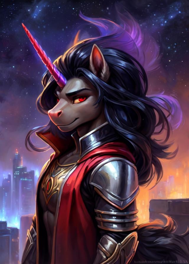 uploaded on e621, ((by Ulitochka, by Levelviolet, by Kenket, by Buta99)),solo male feral (((unicorn king sombra \(mlp\)), black body, 1horn, red horn, black long hair, red eyes)),(silver armor and red cloak), (detailed fluffy fur), (looking at viewer, half-length portrait:1.2),BREAK,((standing at city roof, starry night)), (fog, mist, nebula, neonlight),(detailed background, depth of field, half body shadow, sunlight, ambient light on the body),(oil painting \(medium\), oil painting \(artwork\):1.3),(intricate:1), (high detail:1.25), (unreal engine:1.25), (soft focus:1.25),[explicit content, questionable content], (masterpiece, best quality, 4k, 2k, shaded, absurd res)