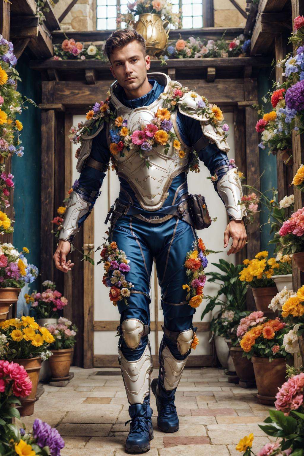 flower4rmor, photo of a Polish man wearing flower exosuit, fantasy medieval city background, dynamic movement, indoors, realistic, masterpiece, intricate details, detailed background, depth of field,
