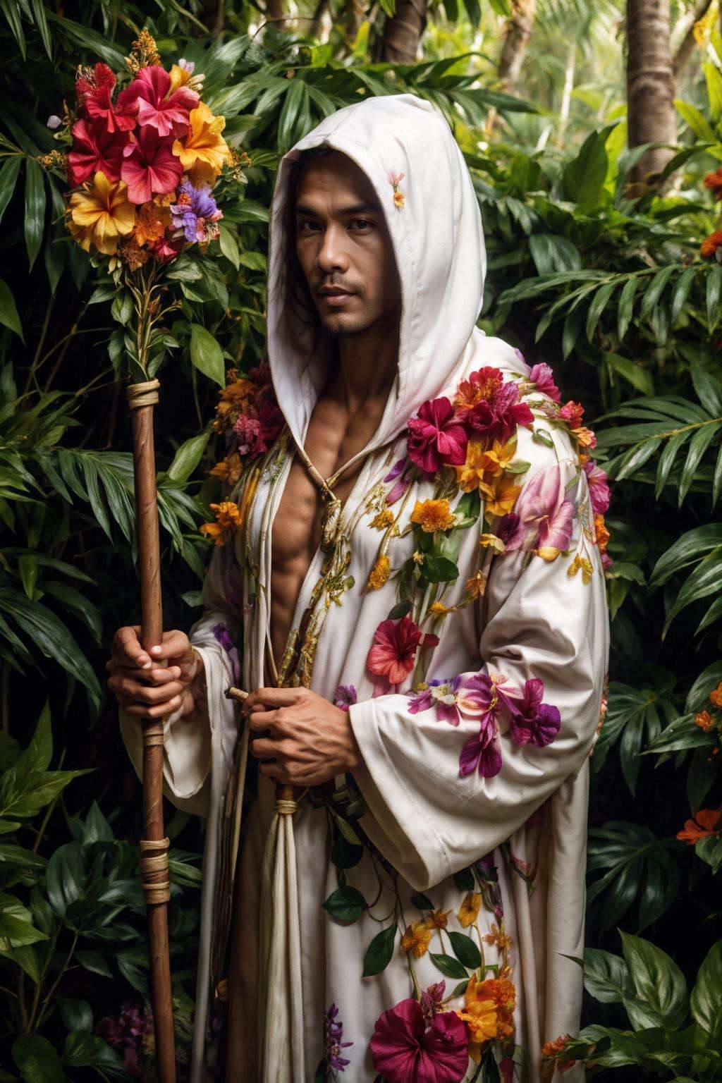 flower4rmor, photo of a (malay man) wearing hibiscus flower druid robes, holding staff, tropical forest fantasy background, (40 years old), hood down, realistic, masterpiece, intricate details, detailed background, depth of field,