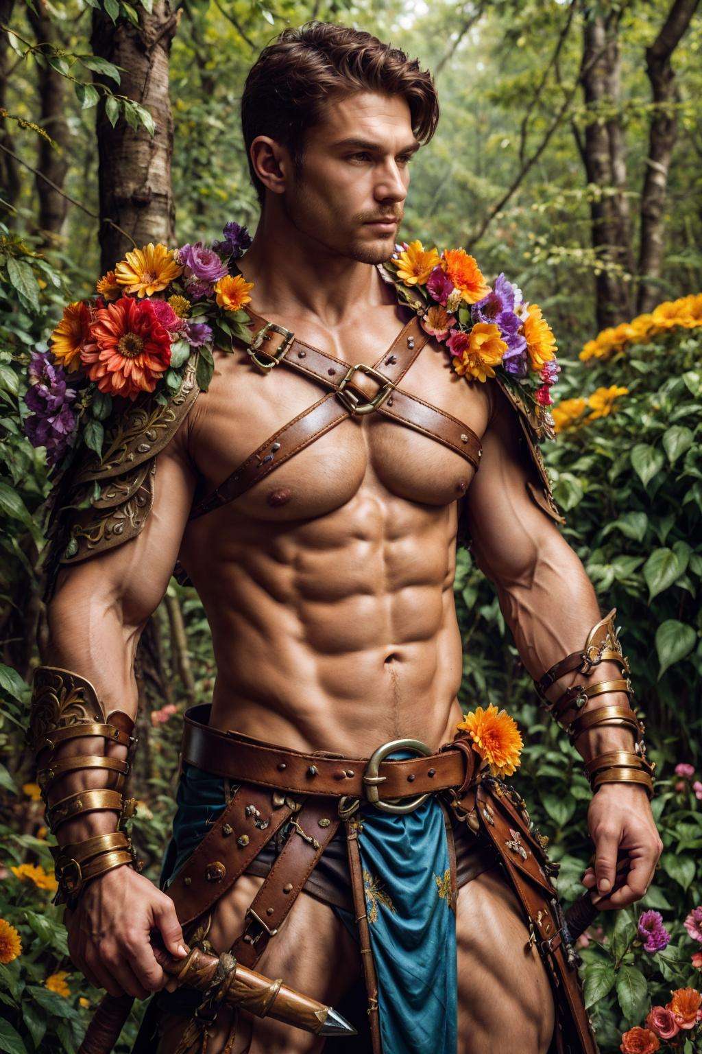 flower4rmor, photo of a swedish man wearing flower barbarian armor, fantasy medieval forest background, holding flower weapon, harness, pectorals, abs, realistic, masterpiece, intricate details, detailed background, depth of field,