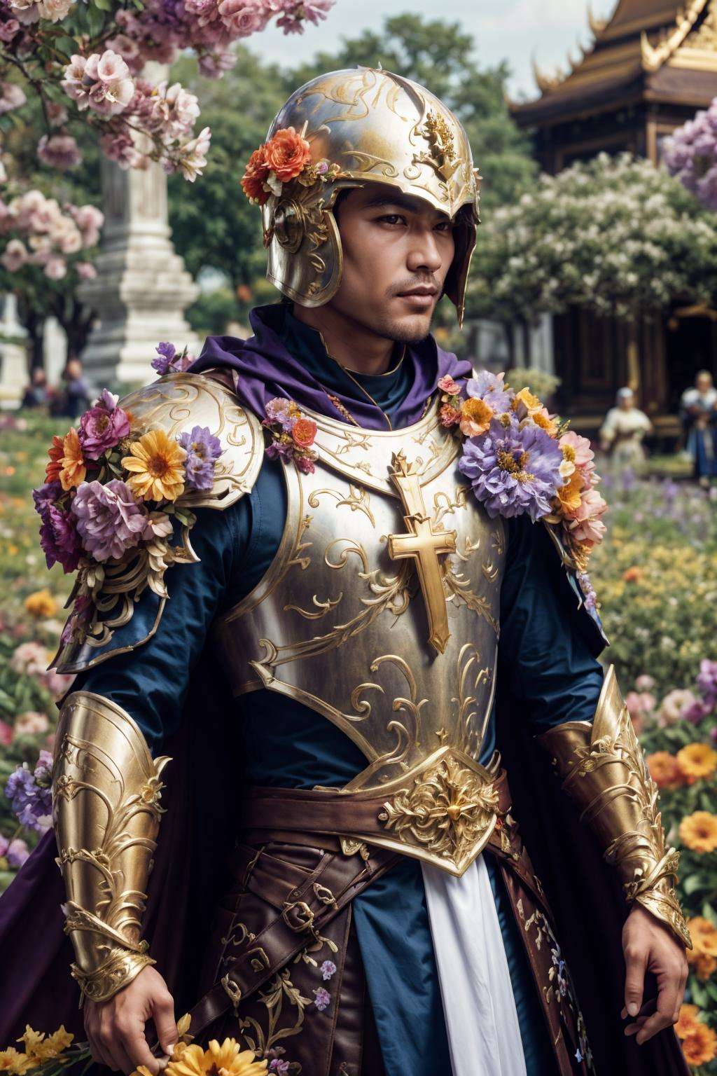 flower4rmor, photo of a thai man wearing flower paladin armor, fantasy medieval city background, holding flower shield, helmet, cape, cross, realistic, masterpiece, intricate details, detailed background, depth of field,