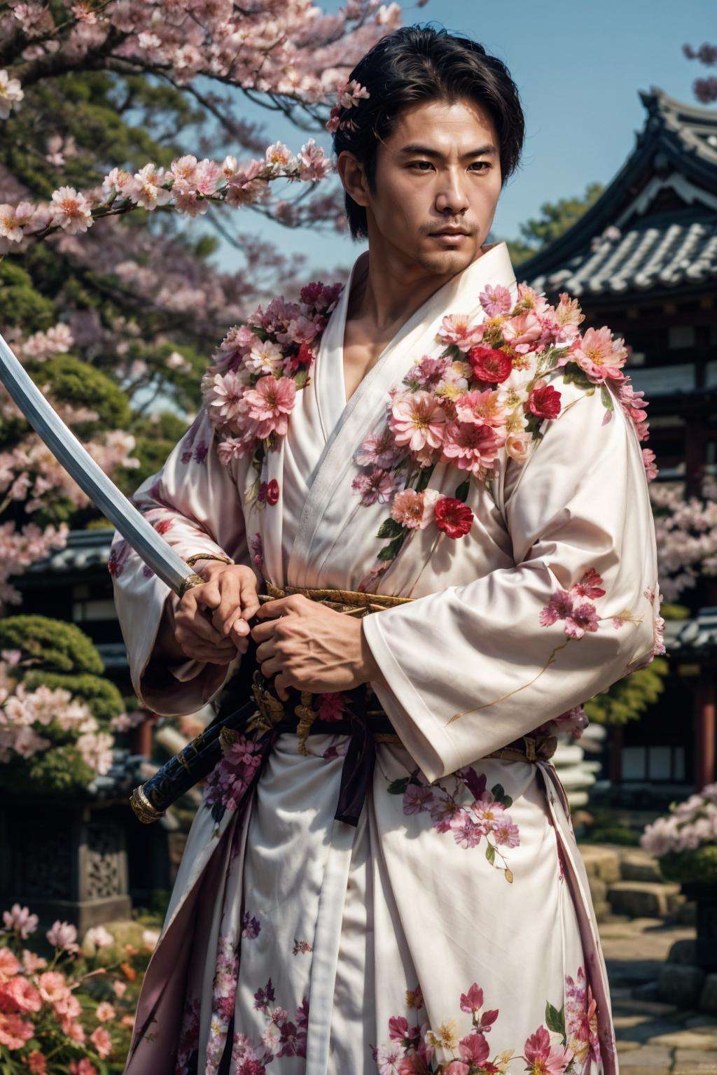 flower4rmor, photo of a (japanese man) wearing cherry blossom flower samurai robes, holding katana sword, ancient japan fantasy background, fighting stance, realistic, masterpiece, intricate details, detailed background, depth of field,