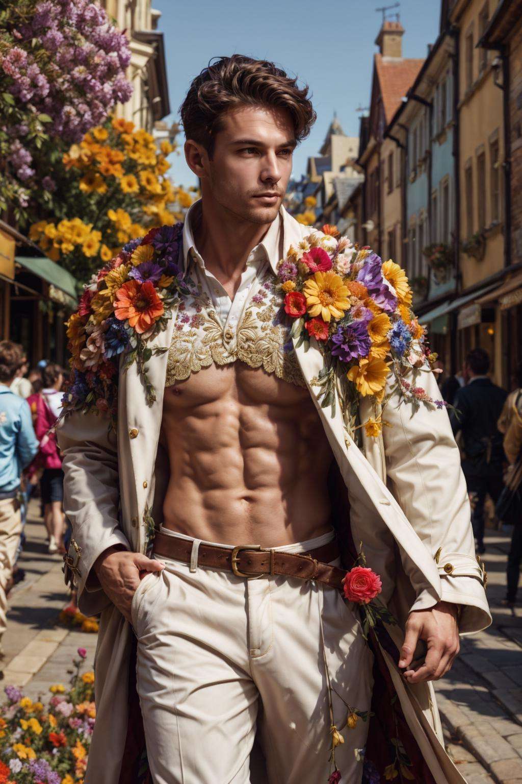 flower4rmor, photo of a Australian man wearing flower coat, fantasy medieval city background, dynamic movement, street, shirts, pants, realistic, masterpiece, intricate details, detailed background, depth of field,