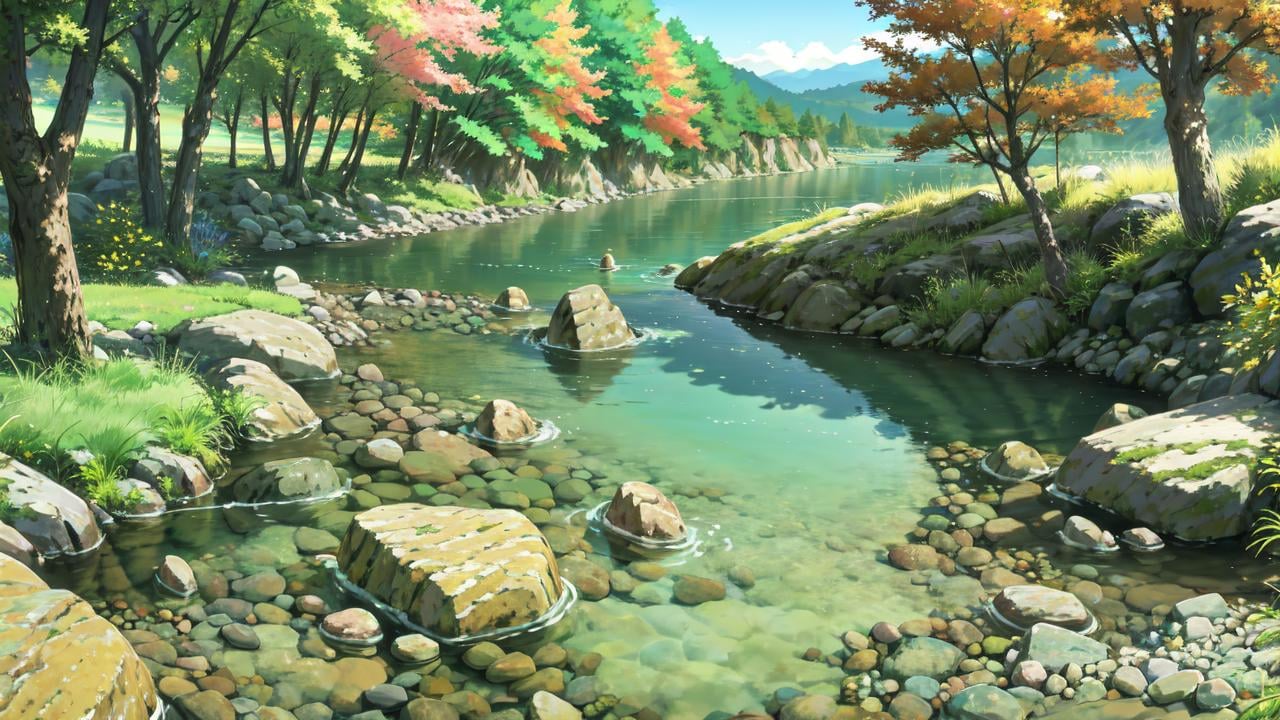 (masterpiece, best quality:1.2), no humans, river, rock, water, pebble, grass, tree