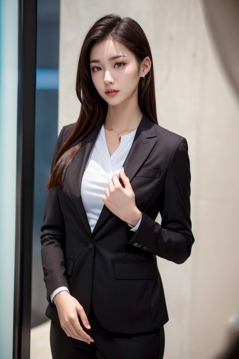 Girl, suit, pretty face, (photo realistic: 1.3) , Edge lighting, (high-detail skin: 1.2) , 8K ultra-hd, DSLR, high quality, high resolution, 8K, best ratio four fingers and one thumb, (photo realistic: 1.3) , wearing a black suit jacket, large breasts,1 girl,yuzu