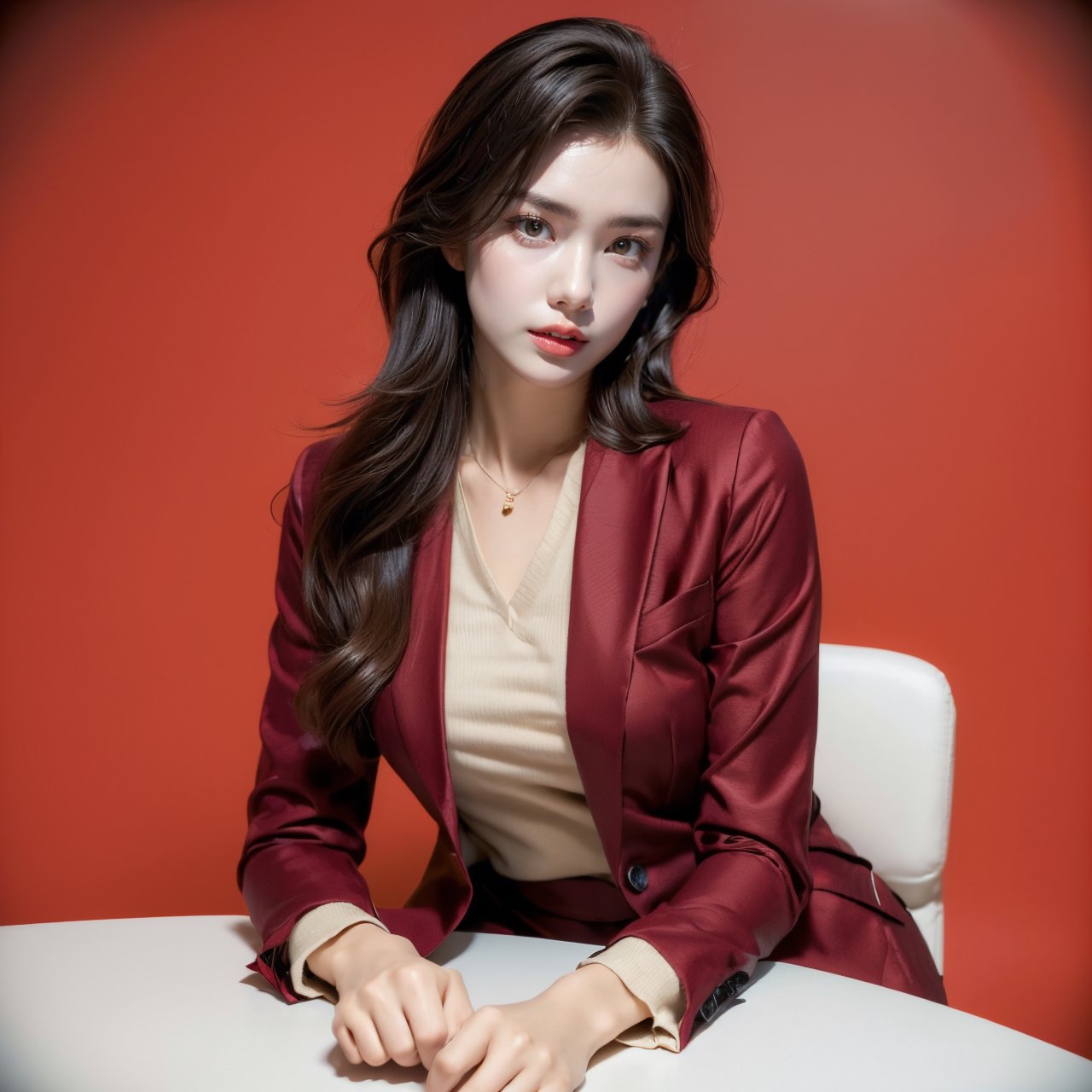  Girl, suit, pretty face, (photo reality: 1.3) , Edge lighting, (high detail skin: 1.2) , 8K Ultra HD, high quality, high resolution, best ratio four fingers and one thumb, (photo reality: 1.3) , wear a red suit jacket, white shirt inside, large breasts, solid color background, solid red background, high-grade feeling, texture pull full, 1 girl