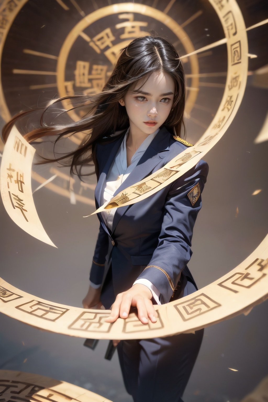 (Low angle shooting, ultra wide angle shooting), a girl in uniform stands in the air, in a suit set, surrounded by golden runes, black hair, long hair, messy hair, (facial focus), exquisite eyebrows, beautiful facial features, (upper body close-up photo: 1.2), sparkling runes, blue Hanfu, (surrounded by rotating long scroll: 1.2), (floating transparent Chinese characters), dynamic movements, Best picture quality, 3D rendering, up view, ultra wide angle, fisheye, lens focus, ultra realistic and detailed, high detail texture, ultra high quality, 16k,Daofa Rune,Flowing scroll