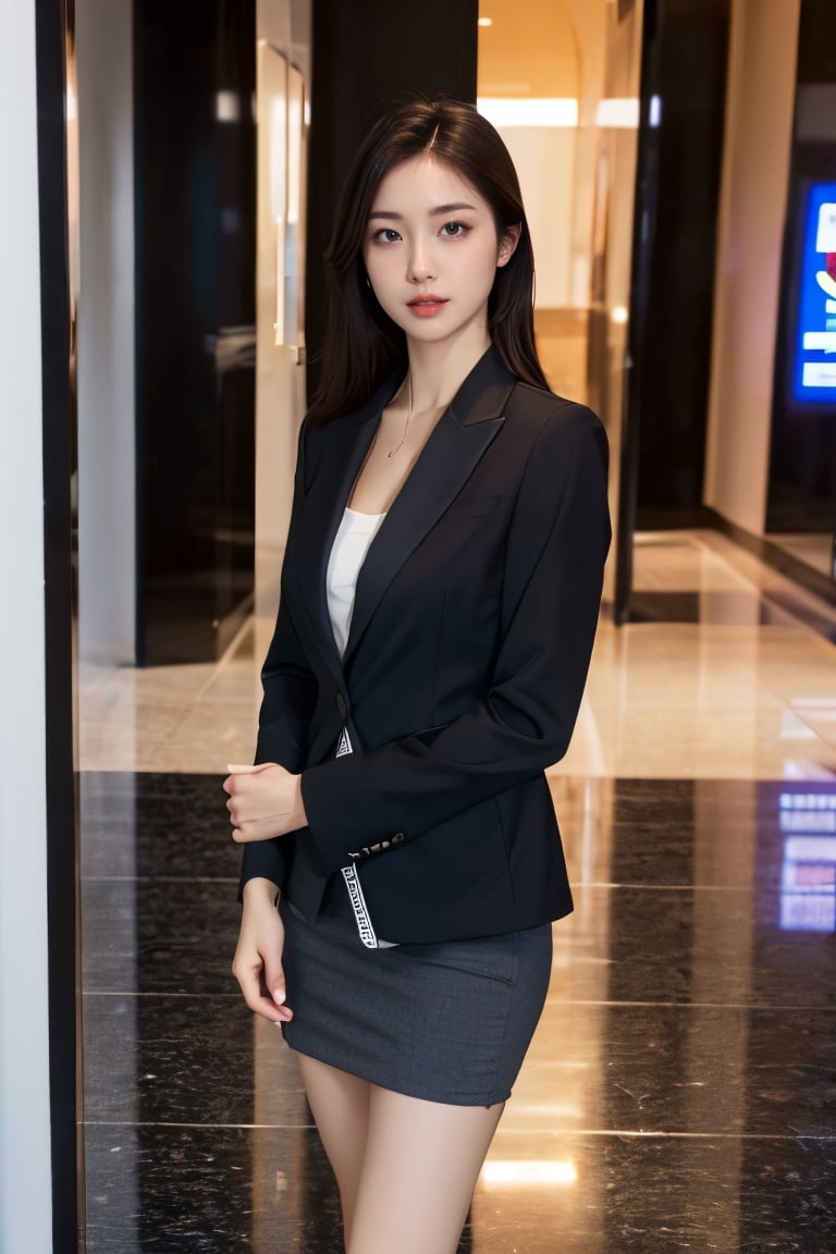 1 girl, dressed in business suit, nice face, (photo realistic: 1.3) , Edge lighting, (high detail skin: 1.2) , 8K Ultra HD, DSLR, high quality, high resolution, 8K, best ratio four fingers and one thumb, (realistic: 1.3) , wearing a black suit jacket, medium breasts, short skirt,