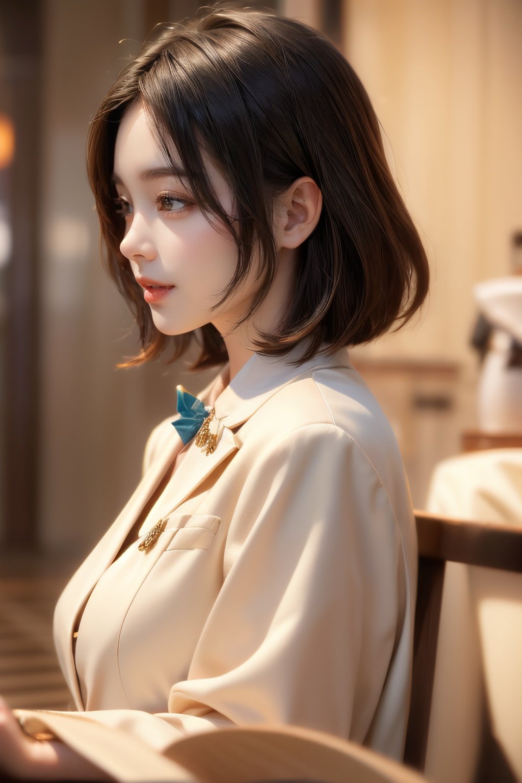 One Girl, Solo, Black Hair, Side View, Smile, Blurred Background, Depth of Field, Realistic, Soft, Warm, Formal, Masterpiece, Excellent 8K,1 girl,Daofa Rune