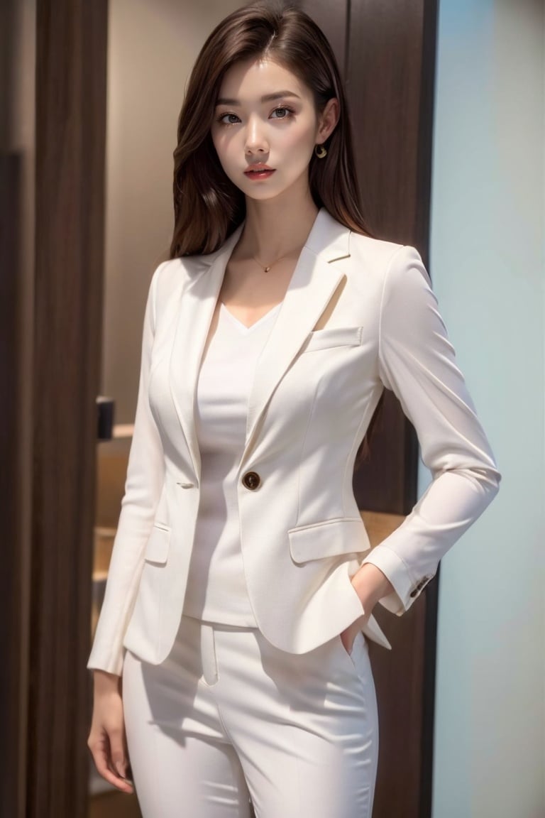 Girl, suit, pretty face, (photo realism: 1.3) , Edge Light, (high-detail skin: 1.2) , 8K Ultra HD, DSLR, high quality, high resolution, 8K, best ratio of four fingers and one thumb, (photo realism: 1.3) , wearing a white suit jacket, large breasts, 1 girl, grapefruit