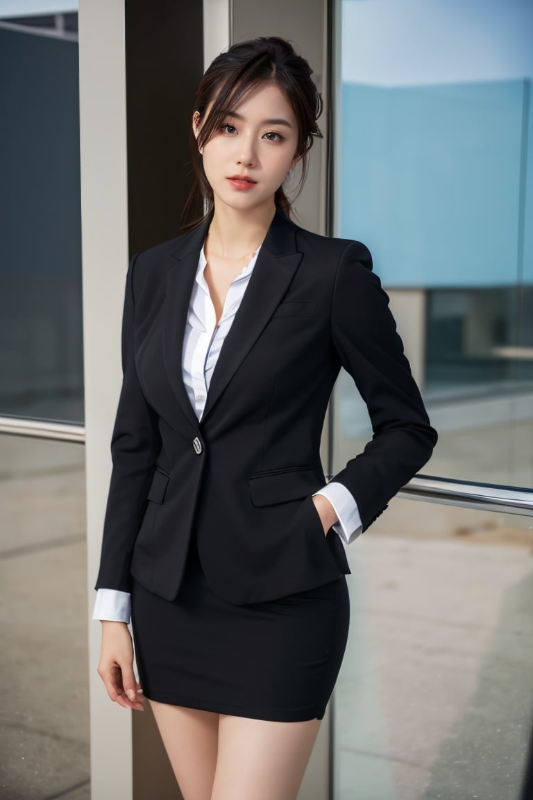 1 girl, dressed in business suit, nice face, (photo realistic: 1.3) , Edge lighting, (high detail skin: 1.2) , 8K Ultra HD, DSLR, high quality, high resolution, 8K, best ratio four fingers and one thumb, (realistic: 1.3) , wearing a black suit jacket, medium breasts, short skirt,