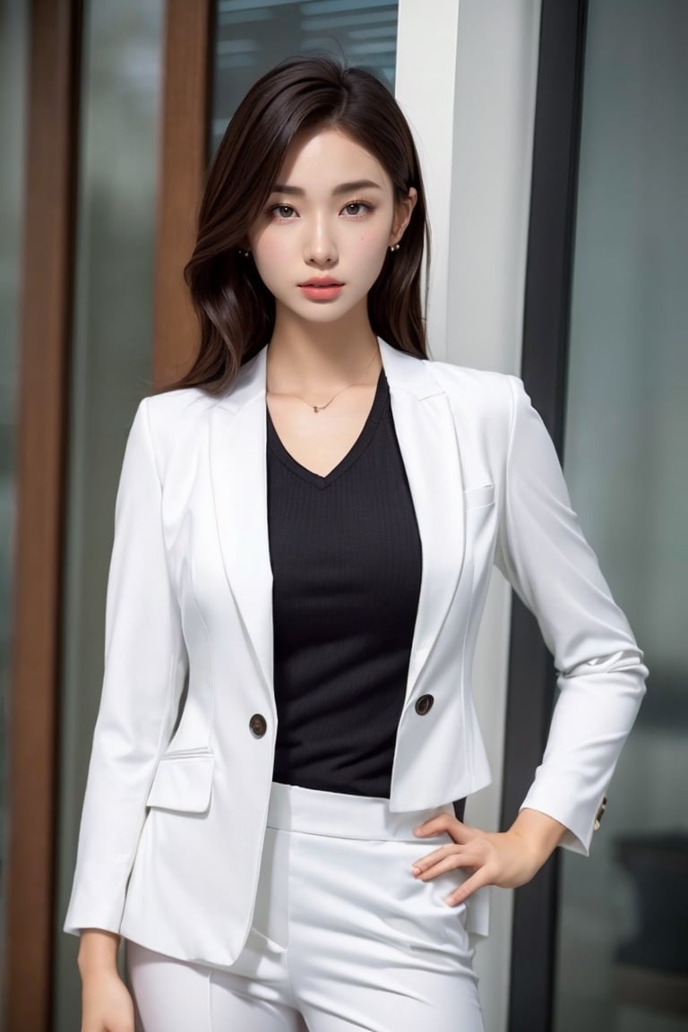 Girl, suit, pretty face, (photo realism: 1.3) , Edge Light, (high-detail skin: 1.2) , 8K Ultra HD, DSLR, high quality, high resolution, 8K, best ratio of four fingers and one thumb, (photo realism: 1.3) , wearing a white suit jacket, large breasts, 1 girl, grapefruit