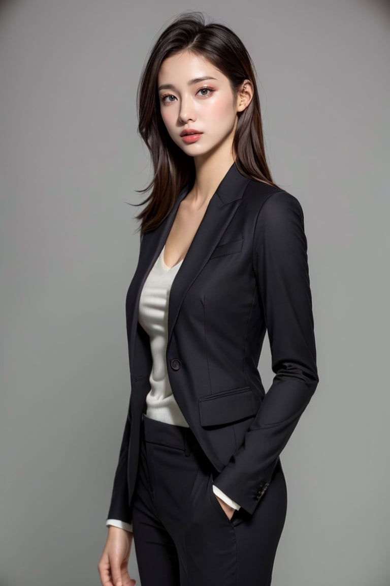 Girl, suit, pretty face, (photo realistic: 1.3) , Edge lighting, (high-detail skin: 1.2) , 8K ultra-hd, DSLR, high quality, high resolution, 8K, best ratio four fingers and one thumb, (photo realistic: 1.3) , wearing a black suit jacket, large breasts,1 girl,yuzu