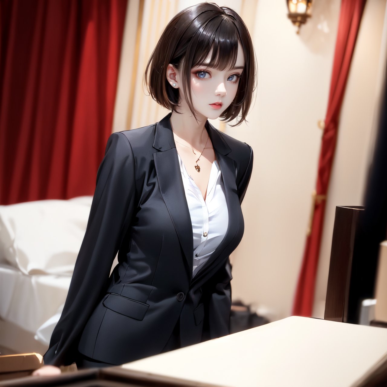 Girls, suit, pretty face, short hair, blonde hair, (photo reality: 1.3) , Edge lighting, (high-detail skin: 1.2) , 8K ultra-hd, high quality, high resolution, optimal ratio of four fingers and one thumb, (photo reality: 1.3) , wearing a red suit jacket, white shirt inside, large breasts, solid color background, solid red background, advanced feeling, texture pull full, 1 girl