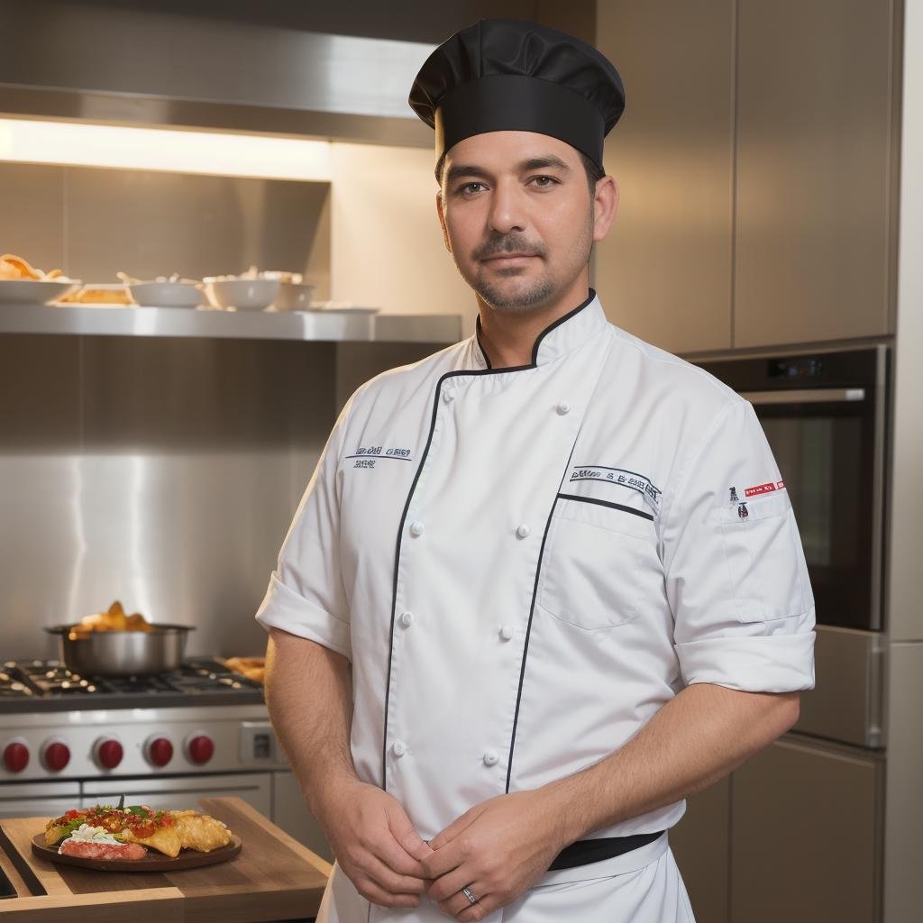 modelshoot style, masterpiece, sharp focus, a picture of sp-nz, in a chefs uniform and chef hat, standing in a kitchen, 5 o'clock shadow, stubble, age 43