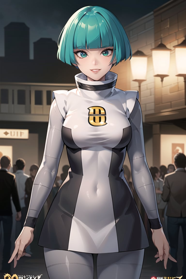 ((best quality)), ((highly detailed)), masterpiece, ((official art)), detailed face, beautiful face, (detailed eyes, deep eyes), 1girl, solo, (female grunt), green hair, short hair, blunt bangs, green eyes, lips, evil smirk, long sleeves, dress,  pantyhose, logo, smile, looking at viewer, (cowboy shot:1.2) , scenary ,intricately detailed, hyperdetailed, blurry background,depth of field, best quality, masterpiece, intricate details, tonemapping, sharp focus, hyper detailed, trending on Artstation,1 girl, high res, official art