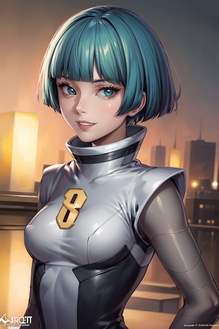 ((best quality)), ((highly detailed)), masterpiece, ((official art)), detailed face, beautiful face, (detailed eyes, deep eyes), 1girl, solo, (female grunt), green hair, short hair, blunt bangs, green eyes, lips, evil smirk, long sleeves, dress,  pantyhose, logo, smile, looking at viewer , scenary ,intricately detailed, hyperdetailed, blurry background,depth of field, best quality, masterpiece, intricate details, tonemapping, sharp focus, hyper detailed, trending on Artstation,1 girl, high res, official art