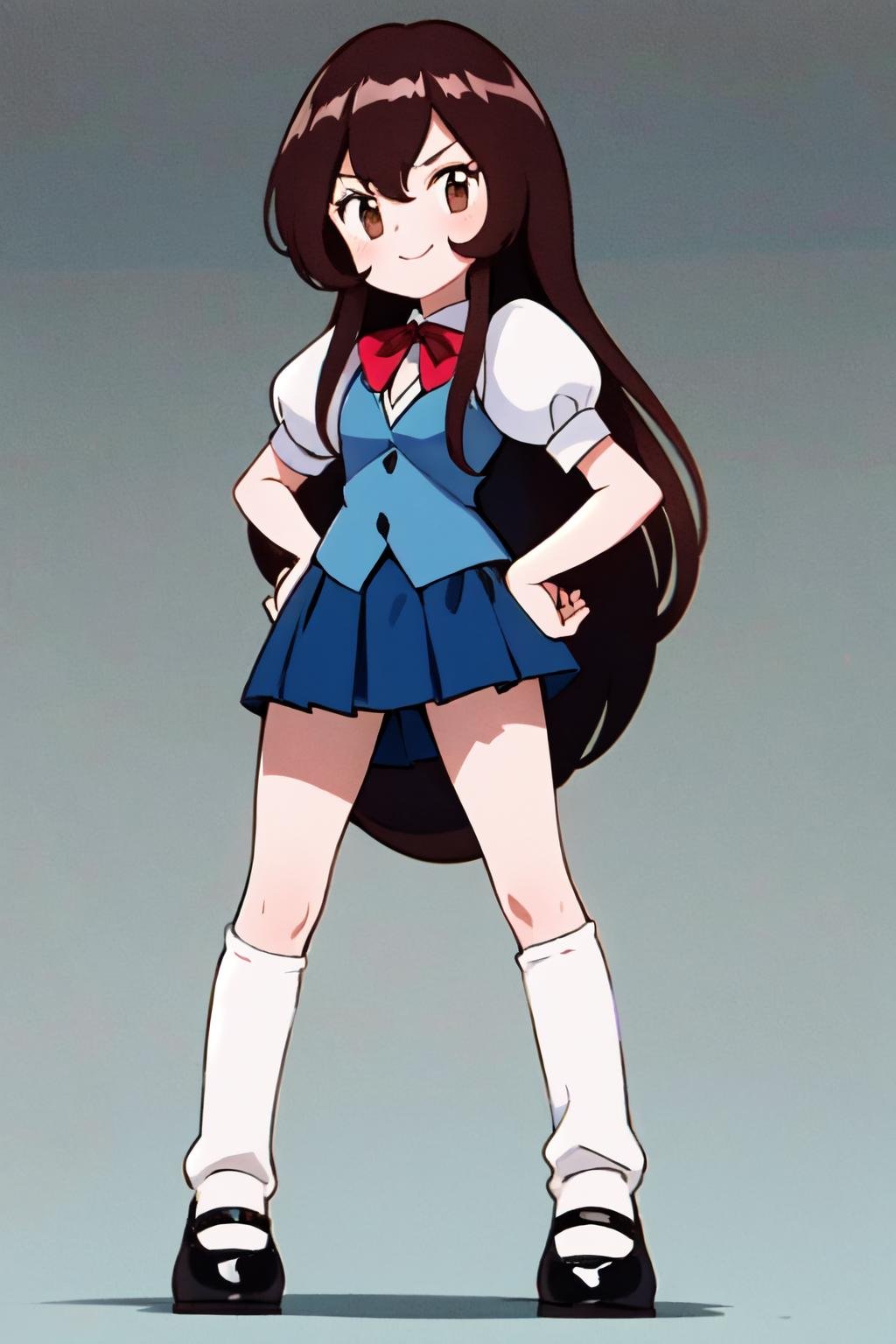 <lora:Giselle_Pokemon-07:0.8>, 1girl, solo, long hair, looking at viewer, smile, bangs, skirt, simple background, brown hair, shirt, brown eyes, school uniform, standing, full body, white shirt, short sleeves, pleated skirt, shoes, socks, puffy sleeves, miniskirt, black footwear, vest, puffy short sleeves, blue skirt, kneehighs, white socks, black background, mary janes, hands on hips, blue vest