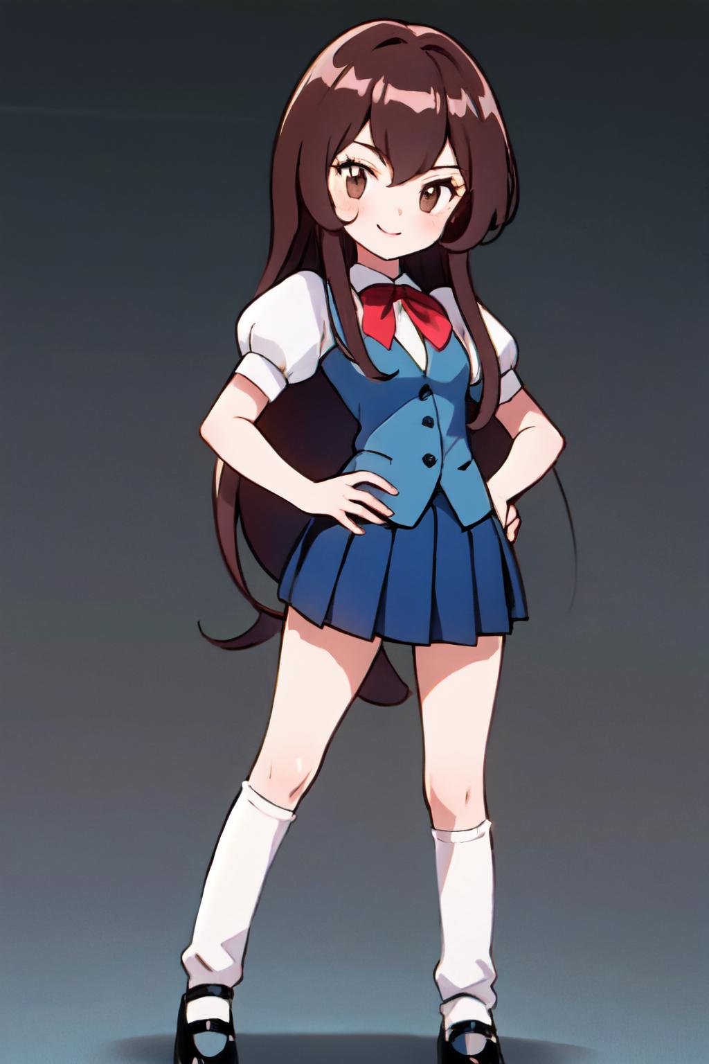 <lora:Giselle_Pokemon-07:0.8>, 1girl, solo, long hair, looking at viewer, smile, bangs, skirt, simple background, brown hair, shirt, brown eyes, school uniform, standing, full body, white shirt, short sleeves, pleated skirt, shoes, socks, puffy sleeves, miniskirt, black footwear, vest, puffy short sleeves, blue skirt, kneehighs, white socks, black background, mary janes, hands on hips, blue vest