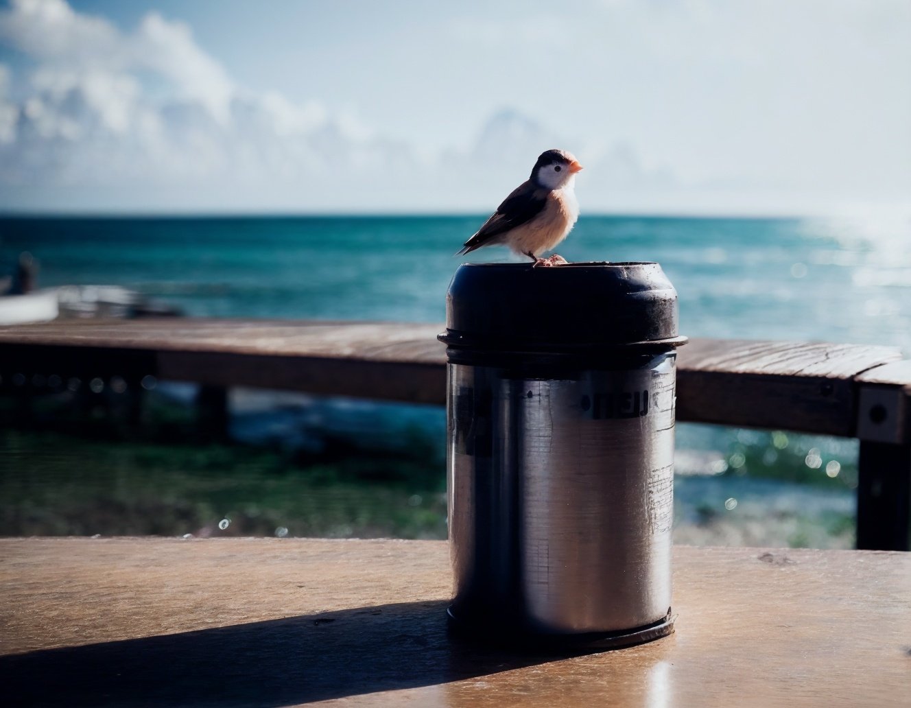 lanfenwei, outdoor, blue ocean , sky ,sunny day, small bird,  film grain, best quality, masterpiece,  photography, 