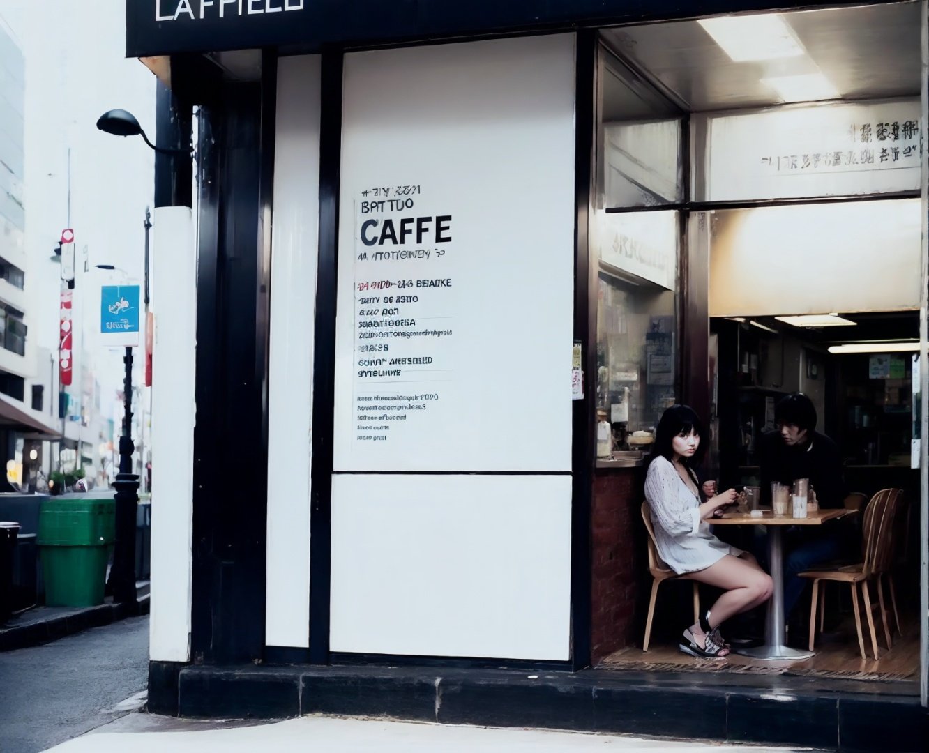 lanfenwei, still-life photography, Cafe ,  book, Cafe Street,build,  city background,tokyo,film grain, best quality, masterpiece, ((realistic)),Character photography，